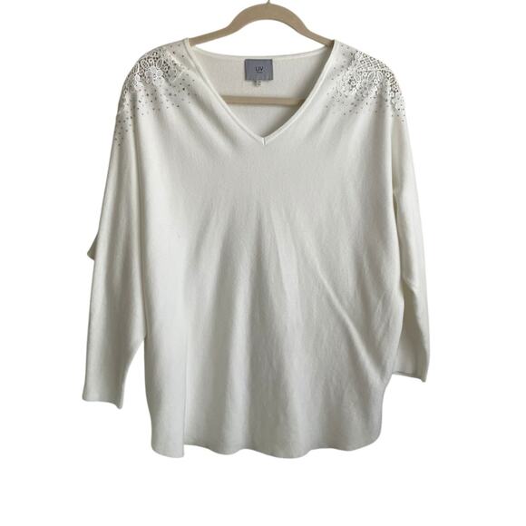 Liv Milano Women Sweater 1X Ivory Crochet Gem Flower Shoulder Cottagecore Whimsy - Picture 1 of 13